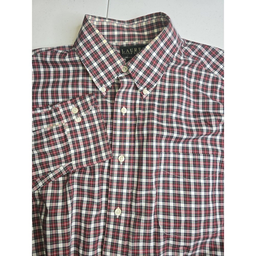 LAUREN RALPH LAUREN Men's 17 34/35 Red White Blue Plaid Long Sleeve‎ Shirt -508
